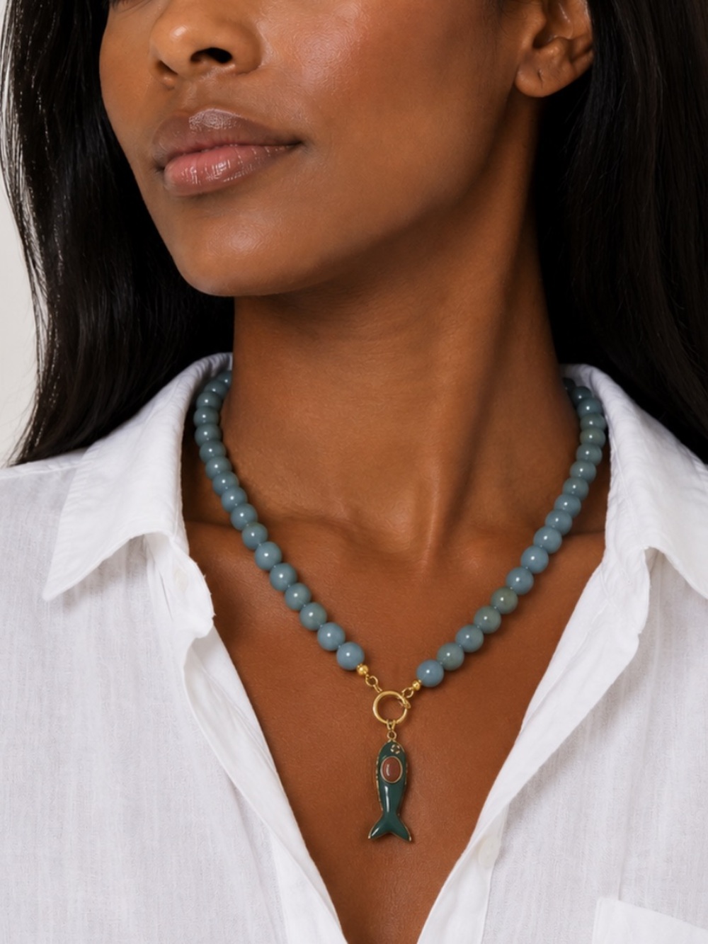 New! Coastal Beaded Green Fish Charm Necklace NWOT 1025